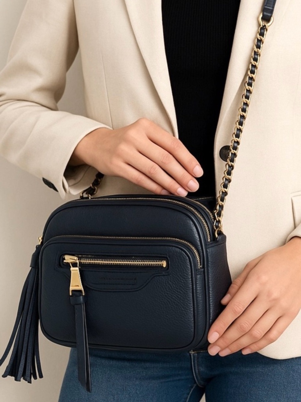 Aimee Kestenberg Cali Crossbody Navy Pebbled Leather Gold Chain Bag